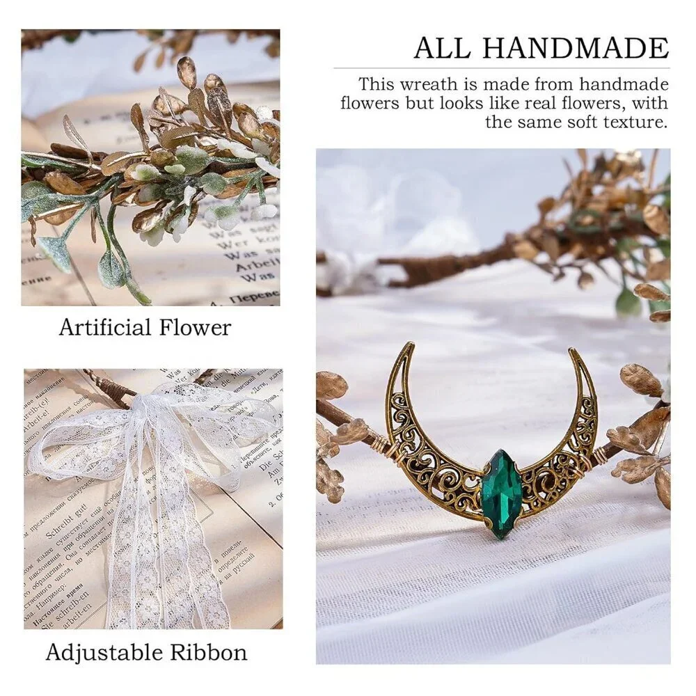 Gold Flower Moon Headpiece Floral Crown Elf Headband Bridal Festival Accessories